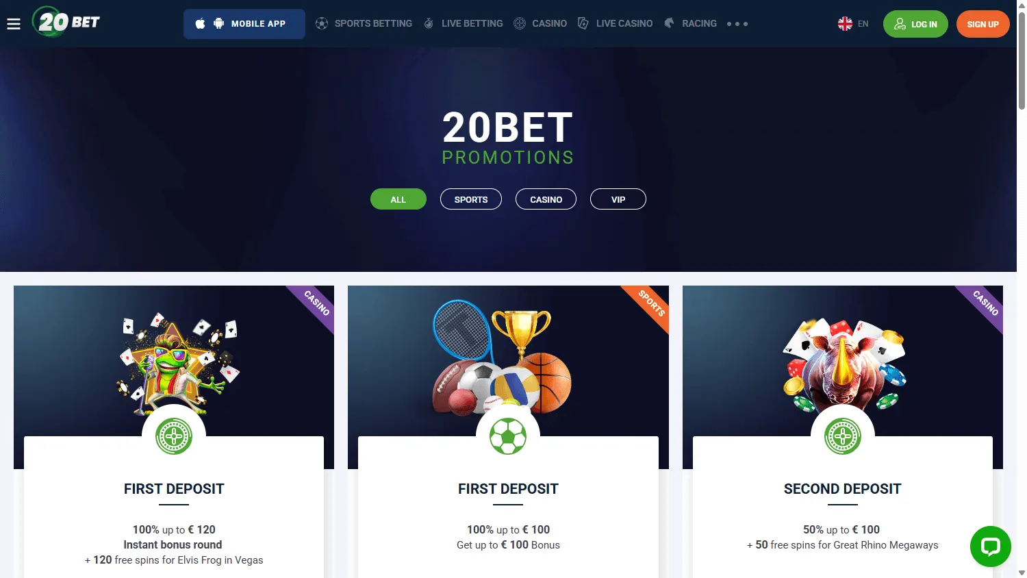 20Bet Casino desktop promotions area