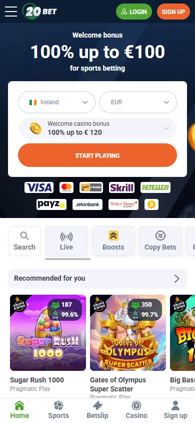 20Bet Casino mobile home page