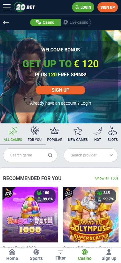20Bet Casino mobile games area