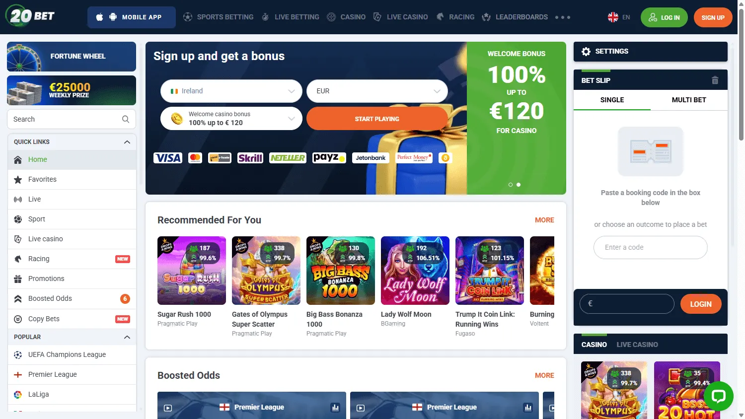 20Bet Casino desktop home page