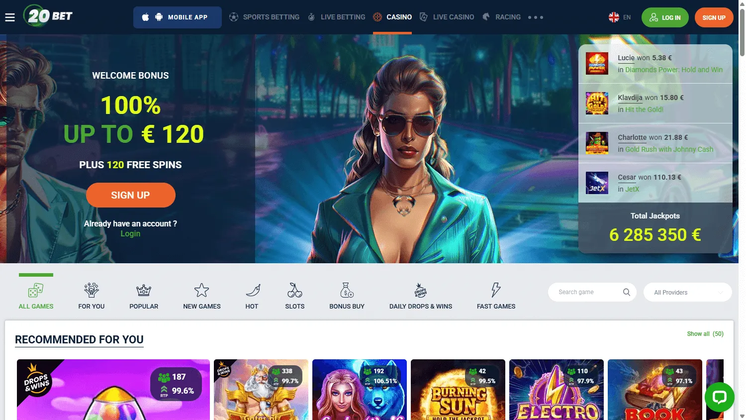 20Bet Casino desktop games area