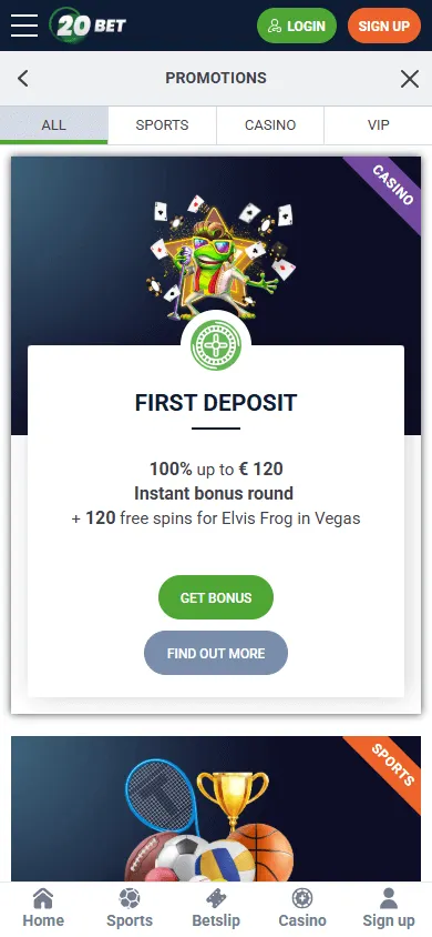 20Bet Casino mobile promotions area